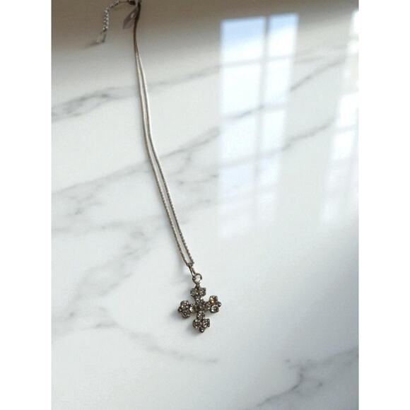 NIB Saint Laurent Cross Pendant with Crystal Necklace Silver Retail $405 - Picture 3 of 5